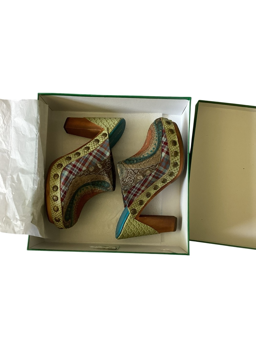 Tracy Porter Multicolor Patchwork Boho Platform Heels with Plaid & Paisley